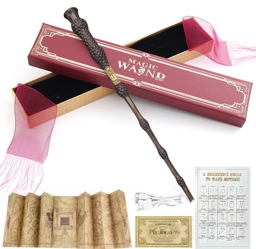PLLYPE Zauberstab mit Licht, 38cm USB Aufladung Elderstab, Magic Wand in Geschenkbox mit Landkarte, Zauberspruch Karte, Fahrkarte und Halter, für Halloween, Karneval, Cosplay