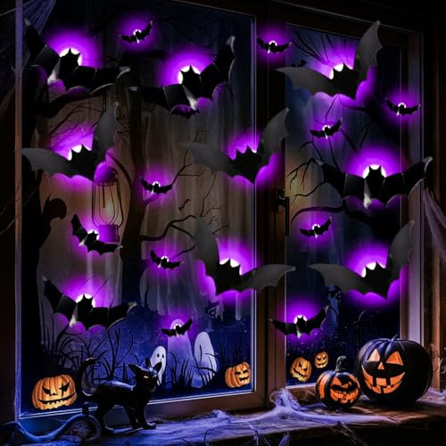 HBSFBH Adesivi a LED con Pipistrelli 3D, 24 Pezzi Halloween Decorazioni Pipistrelli Luminosi a LED, Rimovibile LED Pipistrelli Decorazione da Parete, per Bar, Feste di Halloween, Decorazione da Casa