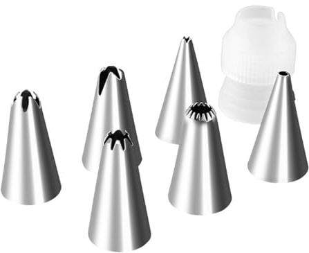 7-Piece Stainless Steel Piping Tip Set Home Baking Essential Kit with Flower Squeezer Nozzles for Buttercream Baking