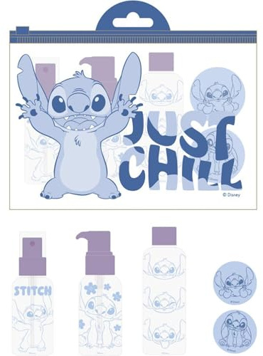 Set cuidado personal viaje Stitch | Kit de botellas para viaje con stickers y bolsa reutilizable | Accesorios Disney funcionales para niñas y jóvenes