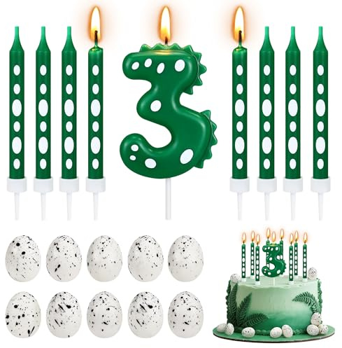 Geburtstagskerzen Zahlen, Dinosaurie Geburtstag Kerzen 3, 3D Tortendeko,1 Dinosaurier Zahlenkerze, 8 Lange Dünne Kerzen und 10 Dinosaurierei Tortendeko für Dino Thema Kuchendeko Party Deko