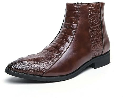 Generico Uomo Punta Appuntita Stivali Corti Pelle PU Chelsea Stivaletti alla Caviglia con Cerniera Laterale Tacco Basso Scarpe da Vestito da Ufficio,Marrone,49 EU