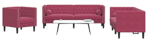 Teenpull 3-TLG. Chesterfield-Sofa-Set, Weinrot Samt, mit Nackenrollen, Wohnzimmer-Möbel, Bequeme Polstergarnitur für Entspannung, Massivholzrahmen