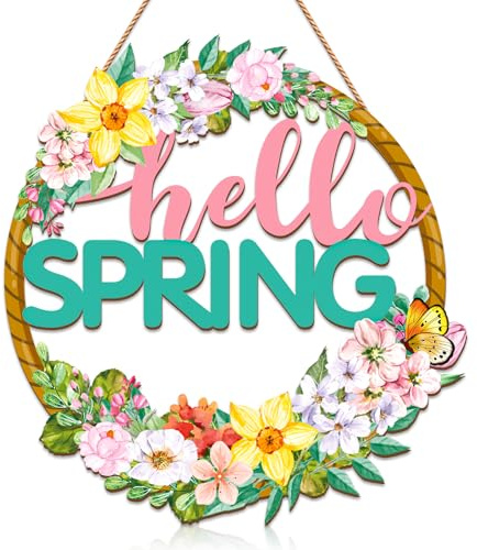 GMEMNOV Wooden Hello Spring Door Sign - Rustic Hollow Flower Spring Wreath for Front Door Farmhouse Home Wall Decor for Indoor Outdoor Spring Decorations Easter Supply