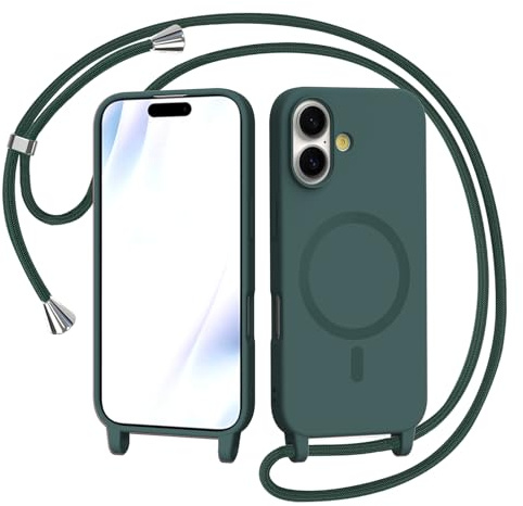 AOMYKE Magnetica Cover per iPhone 17 con Cordino, [Compatibile con MagSafe] Custodia con Laccio Collana Tracolla Collo Liquido Silicone Antiurto TPU Antiurto Case - Verde
