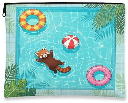Red Pandas Makeup Bag, Cute Pool Lifebuoys Tropical Cosmetic Travel Pouch for Women, Gifts for Girls, Animal Portable Small Canvas Zipper Organizer 7x9 Inch