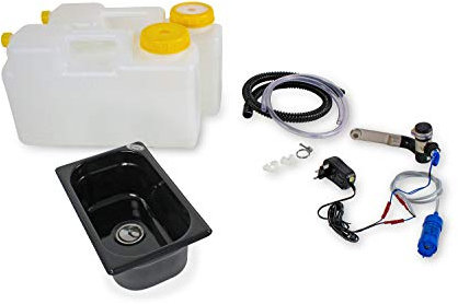 Wasseranlage Imbisswagen Verkaufsanhänger Campingküche 230v Bausatz Spüle dunkel 265x160x100 Barwig Schwarz/chrom Raumsparkanister 12L (ad-ideen)