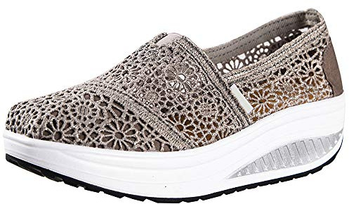 Donna Uncinetto Pizzo Scivolare su Tacco a Zeppa Sneakers Comodi Casuale Scarpetta Ginnica(Grigio,39 EU)