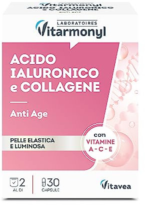 Acido Ialuronico e Collagene - Integratore anti-age - Per pelle più elastica, compatta e luminosa - Collagene Integratore - Con Vitamina A, Vitamina C, E - Confezione da 30 capsule - Vitarmonyl