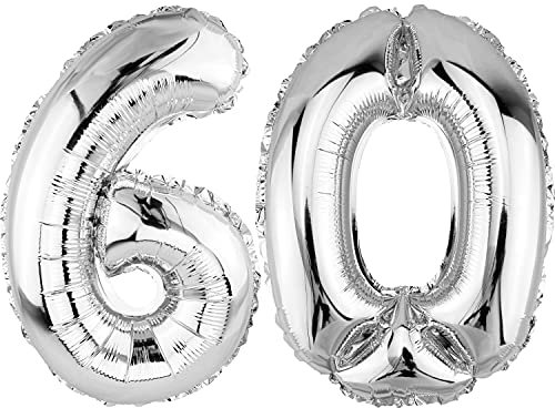 DekoRex Folienballon Silber 82cm Geburtstag Jubiläum Hochzeit Deko (Zahl 60)