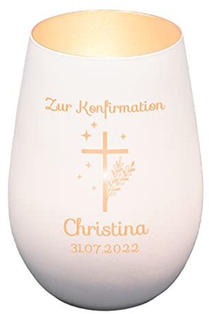 Windlicht mit Gravur zur Konfirmation | Weiß/Silber | Motiv Kreuz mit Sternen | Geschenk zur Konfirmation Junge Mädchen | Tischdeko und Konfirmationsgeschenk personalisiert | Teelichtglas