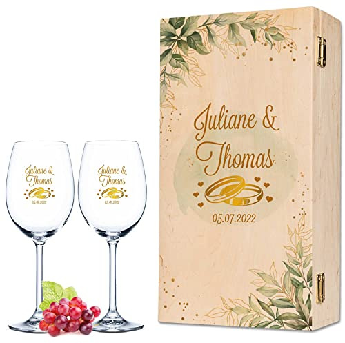 GRAVURZEILE Leonardo Weinglas mit UV-Druck - Golden Wedding Ring Design - Personalisiert mit Namen & Datum - Geschenk zur Hochzeit, Verlobung & Jahrestag für Brautpaar - Farbe Daily UV mit Holzkiste