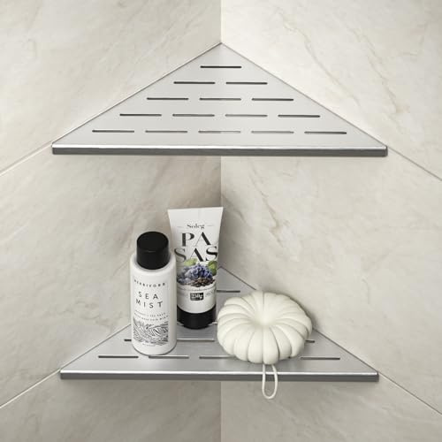 Bernkot Corner Shower Shelf 10, Brushed 304 Stainless Steel Slot Design Recessed Corner Shelves Bathroom Grout in Shelf for Tiled Wall, 2 Pack