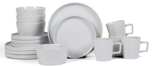 Stone Lain Celina Modern Stoneware 16-Piece Dinnerware Set, Plates and Bowls Set, White Glossy, Dish Set Service For 4