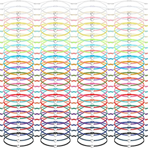 Cunno 100 Pcs Heart Friendship Bracelets Bulk for Kids Wish Bracelets Colorful Adjustable String Motivational Jewelry Gifts for Women Girls Valentine's Galentine's Gifts