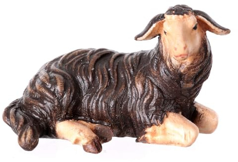 Holyart Holz-Krippen aus dem Grödnertal: Schwarzes Schaf liegend, rechtsschauend, Mahlknecht Krippe, Ahornholz, Grödnertal, für 9,5 cm Krippe