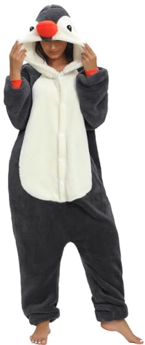 Einteiliger Schlafanzug Damen Lang Winter Einteiler Tierkostüm Erwachsene Kostüm Jumpsuit Damen Kuschelig Pyjama Fleece Onesie Kleidung Mit Kapuze und Reißverschluss (Grauer Pinguin-7131, L)