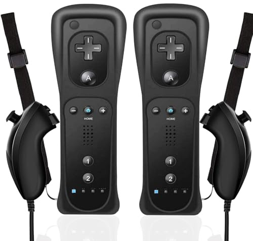 MOICUCU Wii Remote Controller mit Motion Plus und Nunchuck,Wireless Fernbedienung Wii Remote Plus Controller mit Nunchuck mit Silikonhülle Handschlaufe (2 Black)