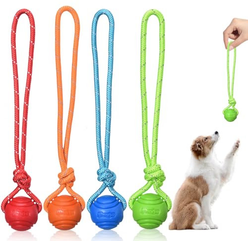 Vaileal 4* Hundeball, Hundebälle mit Seil, High Bounce Ball Spielzeug für Hunde, Naturkautschuk Ball Hundespielzeug Klein Vollgummiball Wurfball Hund für Kleine & mittel & Große Hunde(Vier Farben)