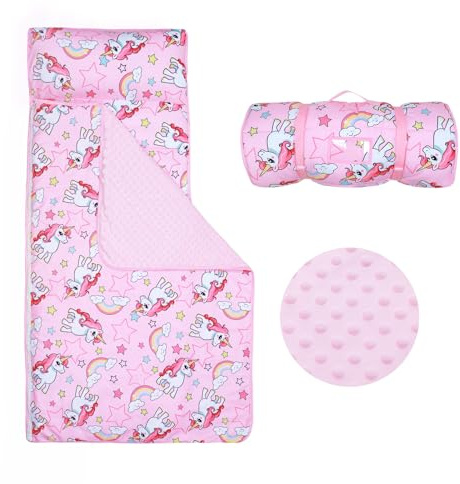 Nap Mat per Bambini con Cuscino e Coperta Rimovibili, Grande Extra Spesso 2 in 1 Sacco a Pelo Pieghevole per Ragazze Ragazzi, Nap Mats per Asilo Nido e Campeggio (Unicorno Stella Rosa)