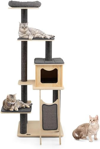 GYMAX Árbol para Gatos de Madera 175 cm, Poste de Rascador para Gatos con Varias Zonas para Tumbarse, Torre de Escaleras para Gatos con Poste Rascador de Sisal, Gris