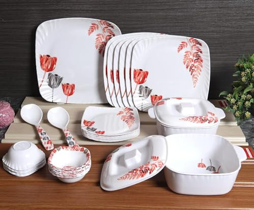 Generic Dinner Set Round Melamine Dinner Set Printed Dinner Set for Kitchen Melamine Melamine Full Size Dinner Set, 31 Pieces, White Base + Red, EQSZ-DINNERSET-FEB-20202403