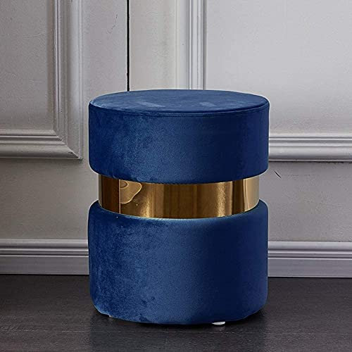 PPGE Home Fußhocker, Samt-Ottomane, modern, rund, Fußstütze, bequem, dick, gepolstert, getuftet, kurze Hocker mit goldfarbenem Rand, Marineblau, 36 x 45 cm