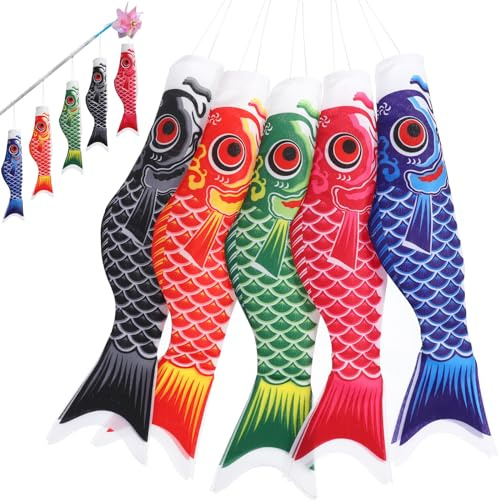 Koinobori - Set di 5 sacchi a Koi per esterni, a forma di carpa, 40 cm, decorazione da giardino giapponese, per Izakaya Hotel Scuola, Sushi Bar giapponese
