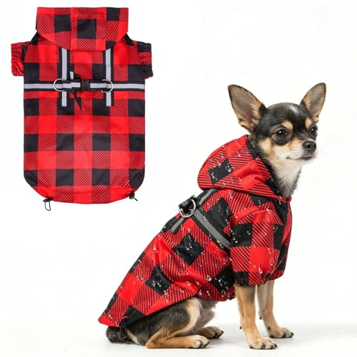 BEAUTYZOO Hunde-Regenmantel mit Kapuze und integriertem Geschirr, Jacke, Poncho, wasserdichter Wintermantel, Buffalo Red, XS