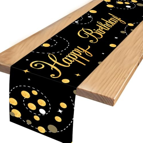 YRsorn Tischläufer Geburtstag - Geburtstagsdeko Schwarz Gold, Tischdeko Geburtstag, Happy Birthday Tischläufer für Junge Mädchen Party Geburtstagsdeko, Drinnen und Draußen Familienessen, 35x180cm