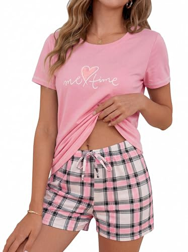 Leversic Pijama Verano Mujer Corto a Cuadros 2 Piezas Parte Superior de Manga Corta con Pantalones Conjunto de Ropa de Estar por Casa(Rosa1,S)