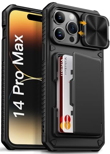 Vihibii for iPhone 14 Pro Max Case with Card Holder (4 Cards), Black | [RFID Blocking], Slide Camera Cover, Military Grade Drop Protection, Rugged Hard Back & Silicone Edge Wallet Phone Case, 6.7