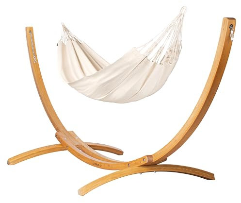 LA SIESTA® Modesta Bio-Baumwoll Hängematte & Holzgestell, Outdoor Indoor Hängematte mit Gestell aus Holz, Hängemattengestell für Balkon Garten Terrasse - Kingsize Hängematte mit Gestell - Latte