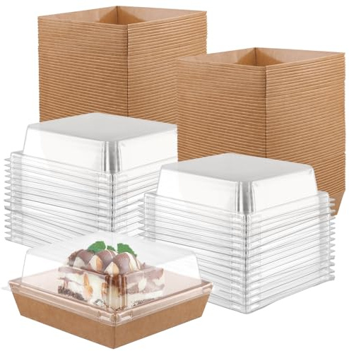 MOUYAT 100pcs Cake Slice Boxes, 12CM Square Take Away Cake Slice Box with Clear Lids, Individual Cake Boxes for Dessert, Sandwich, Cookies