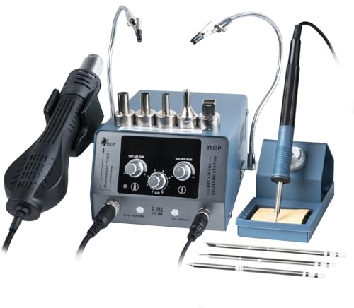 HengTianMei 720W Hot Air Soldering Station 2-IN-1 SMD Soldering Iron Station with 2 Helping Hands, 3 Soldering Tips, 5 Nozzles, Sleep Mode, Fast Heating, 392℉-932℉, for Electronics PCB Repair（8512P）