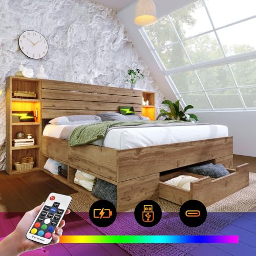 OCACA Doppelbett Polsterbett, Bettanlage mit Leselampe und USB C Nachttisch mit Stauraum, Bettgestell mit Lattenrost aus Metall, Holz und Leinen, Eiche (Ohne Sitzbank,160cm*200cm)