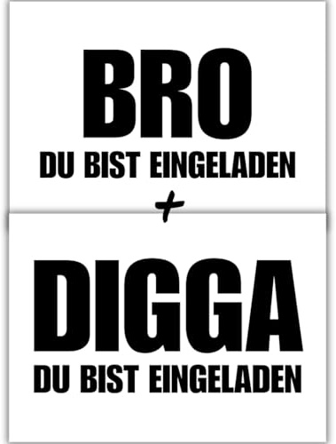 12x lässige Geburtstagseinladungen - BRO/DIGGA DU BIST EINGELADEN - Einladungskarten für Kindergeburtstag Jungen MIX SET - Teenager Party Einladungskarten inkl. Messenger Bild & Urlaubsgutschein
