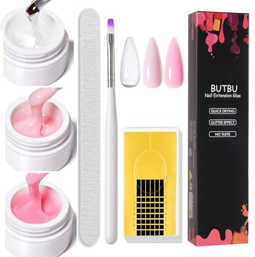 BUTBU Kit Gel de Uñas Para Constructor, 3 PCS Gel de Extensión de Uñas, con Cepillo, Lima de Uñas y Soportes, para Principiantes y Profesionales (Transparente, Rosa Claro, Rosa)