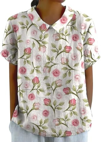 HEONSATI Camicetta Puro Lino Donna Tops da Lavoro Casuale Mare Camicia Cotone Leggera Classico T Shirt Manica Corta Curvy T-Shirt Lino Oversize Taglie Forti Blusa Elegante Traspirante Comoda