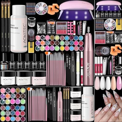 Kit Ongle Gel UV Complet Aokitec, Cadeau pour le Calendrier de l'Avent 2025, Kit Ongles avec Poudre Acrylique pour Ongles, Gel Ongle UV, Lampe UV, Lime a Ongle Electrique, Accessoire Ongle, Nail Art