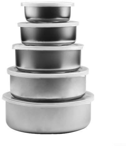 Pratico set di ciotole in acciaio inox con 5 coperchi in plastica trasparente per una facile gestione dei pasti
