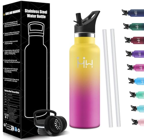 HoneyHolly Gourde Enfant 500 ML, Gourde Paille, Bouteille Isotherme sans BPA, Réutilisable, Anti-Fuite, Isolation sous Vide en Acier Inoxydable à Double Paroi, Water Bottle pour Enfants, Adultes