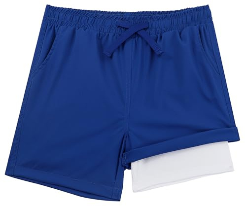 LACOFIA 2 delar 2-i-1 babybadshorts med kompressionsfoder boxershorts pooldräkt strand pojkar med elastisk midja snabbtorkande 2–14 år, A-blå, 13-14 �r