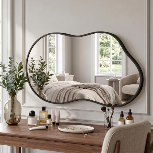 Fahomiss Wandspiegel Metallrahmen Unregelmäßig, Moderner Design Spiegel, Dekospiegel für Wohnzimmer, Flur, Schlafzimmer (Schwarz, 90L x 60B cm)