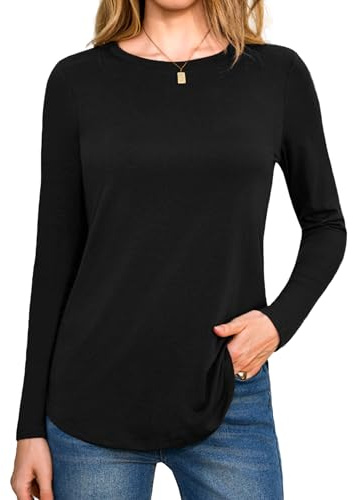 Aottori T-Shirts à Manches Longues Femme Haut Col Rond Classique Coton Tee Shirt Décontracté Chic élégant Blouse Casual Tunique Tops Noir L