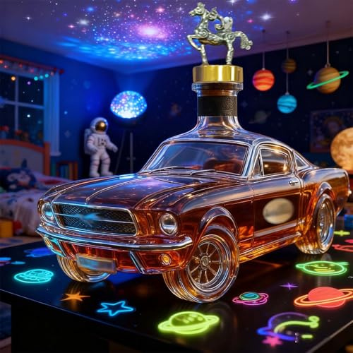 300ML Whiskey Decanter, Wine Bottles Art Statue Figurine - Classic Vintage Sports Car Design, Novelty Glass Decanter Sculptures with Stopper for Home Bar Drinking Party (D)
