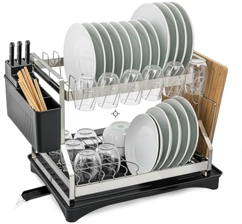 2 Tier Dish Drainer Rack with Drip Tray Rustproof for Kitchen Countertop Saving Dish Rack with Utensil Holder & Cup Holder, Large Capacity Stainless Steel Dish Rack withSwivel Drainage Spout