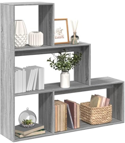 Mhdvray Bücherregal 3 Stufen Raumteiler aus Holzwerkstoff Grau Sonoma 123 x 29 x 123 cm Modernes Treppenregal mit 50 kg Gesamtbelastung für Wohnzimmer Büro Schlafzimmer