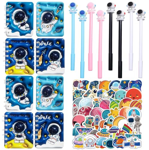 Eymobad 66 Pcs Weltraum Kinder Geburtstag Geschenk,8 Mini Spirale Notizblock +8 Neutraler Stift +50 Aufkleber, Für Mädchen Jungen Weltraum-Themen Party Geschenke