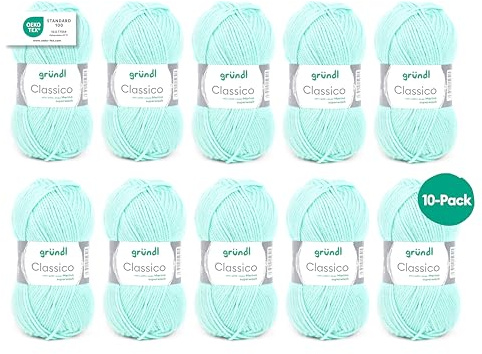 Gründl Wolle Classico Merinowolle Strickgarn - 10 Knäuel 50 g, mint | Dicke Wolle zum Stricken und Häkeln - Weich und hautfreundlich - 50% Merinowolle, 50% Polyacryl 120m - Nadelstärke 3,5 4,5